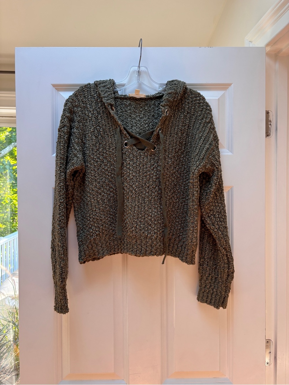 bohme Lace-Up V-Neck Chunky Knit Sweater with hood